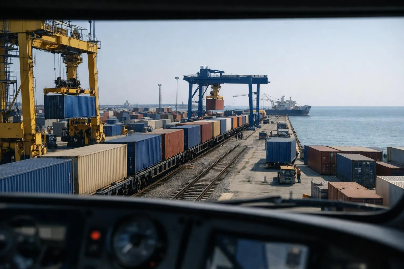 Port maritime avec grues de chargement et conteneurs.