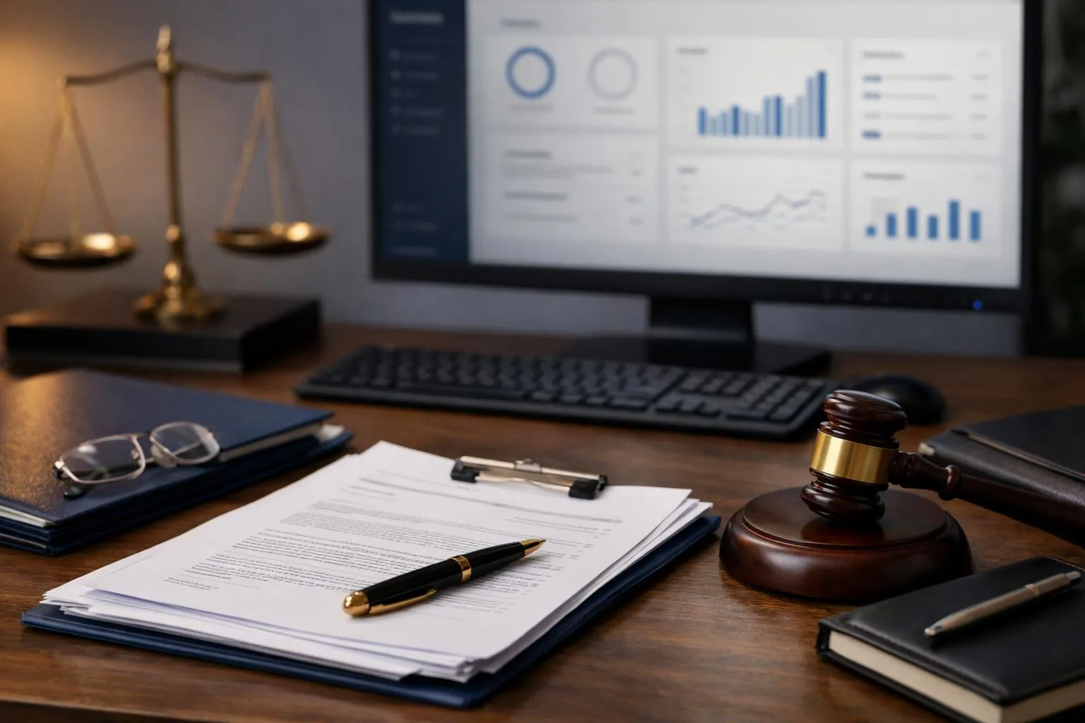 Bureau de juriste avec documents, ordinateur et accessoires.