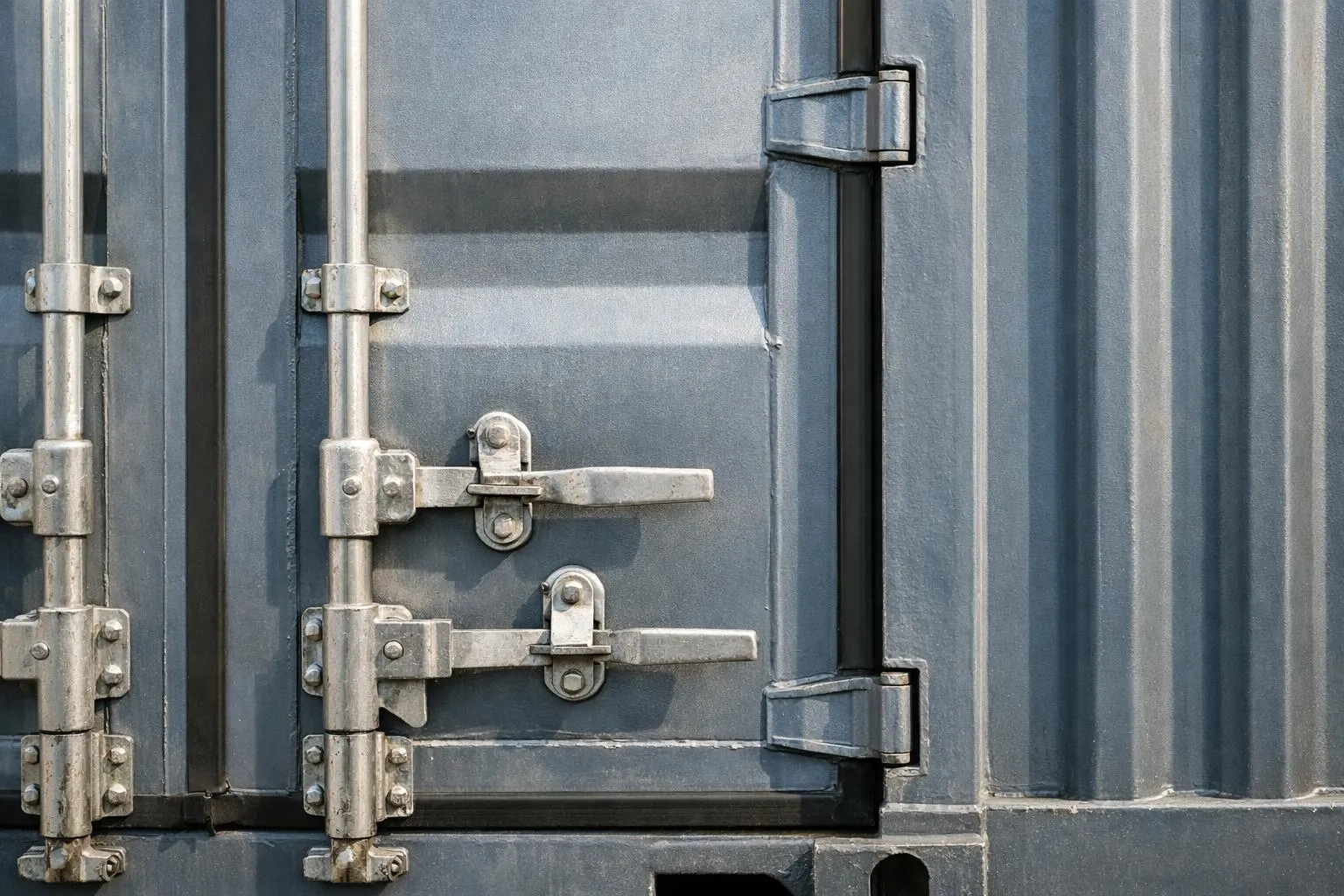 Porte métallique grise avec charnières et verrous en métal.