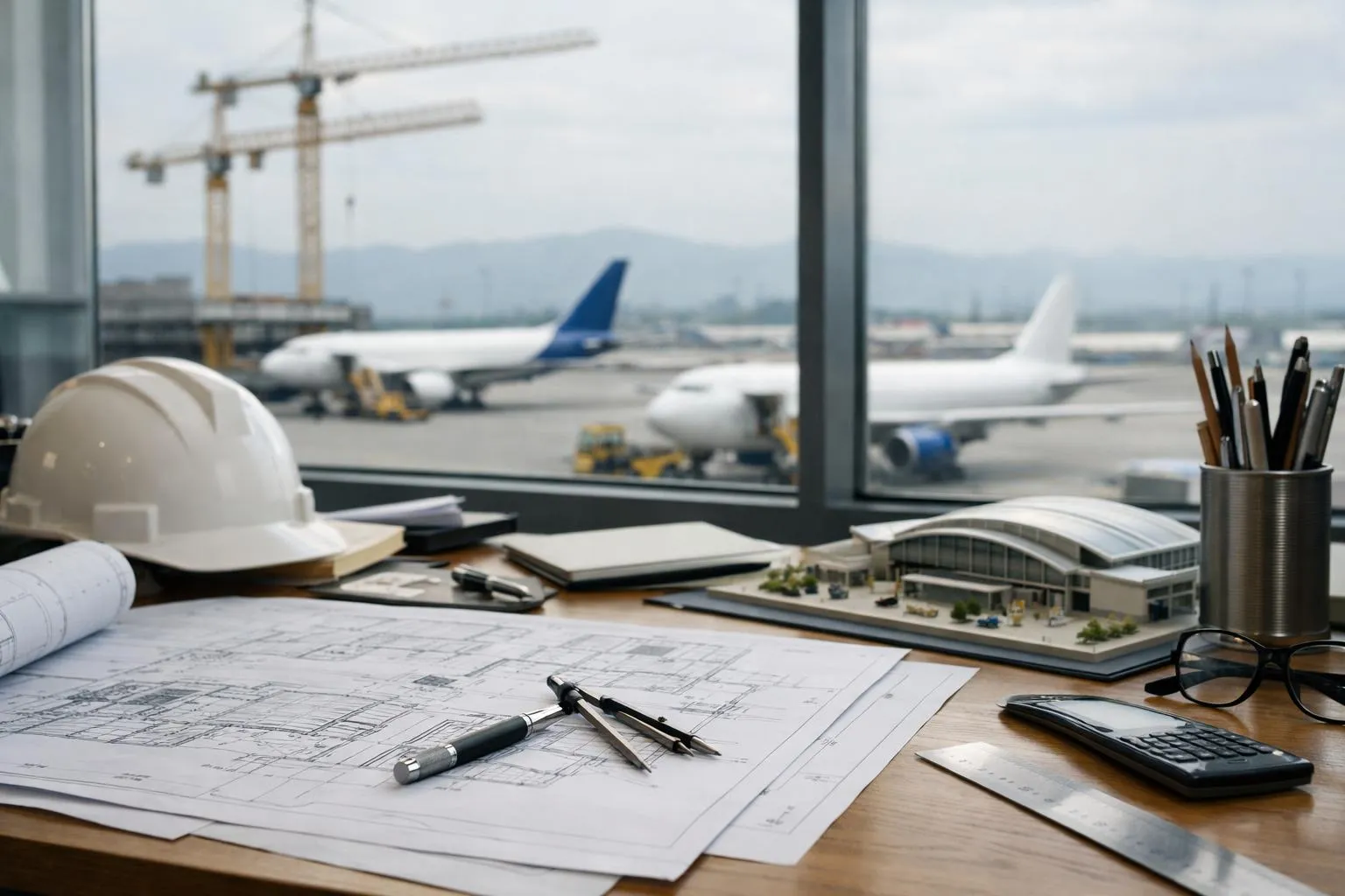 Bureau d'architecte avec plans, maquette et vue sur l'aéroport.