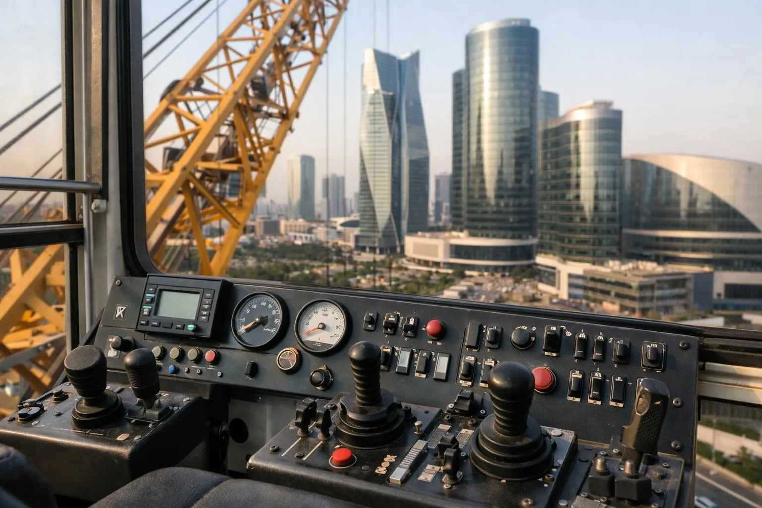 Panneau de commande de grue avec vue sur gratte-ciel urbains.