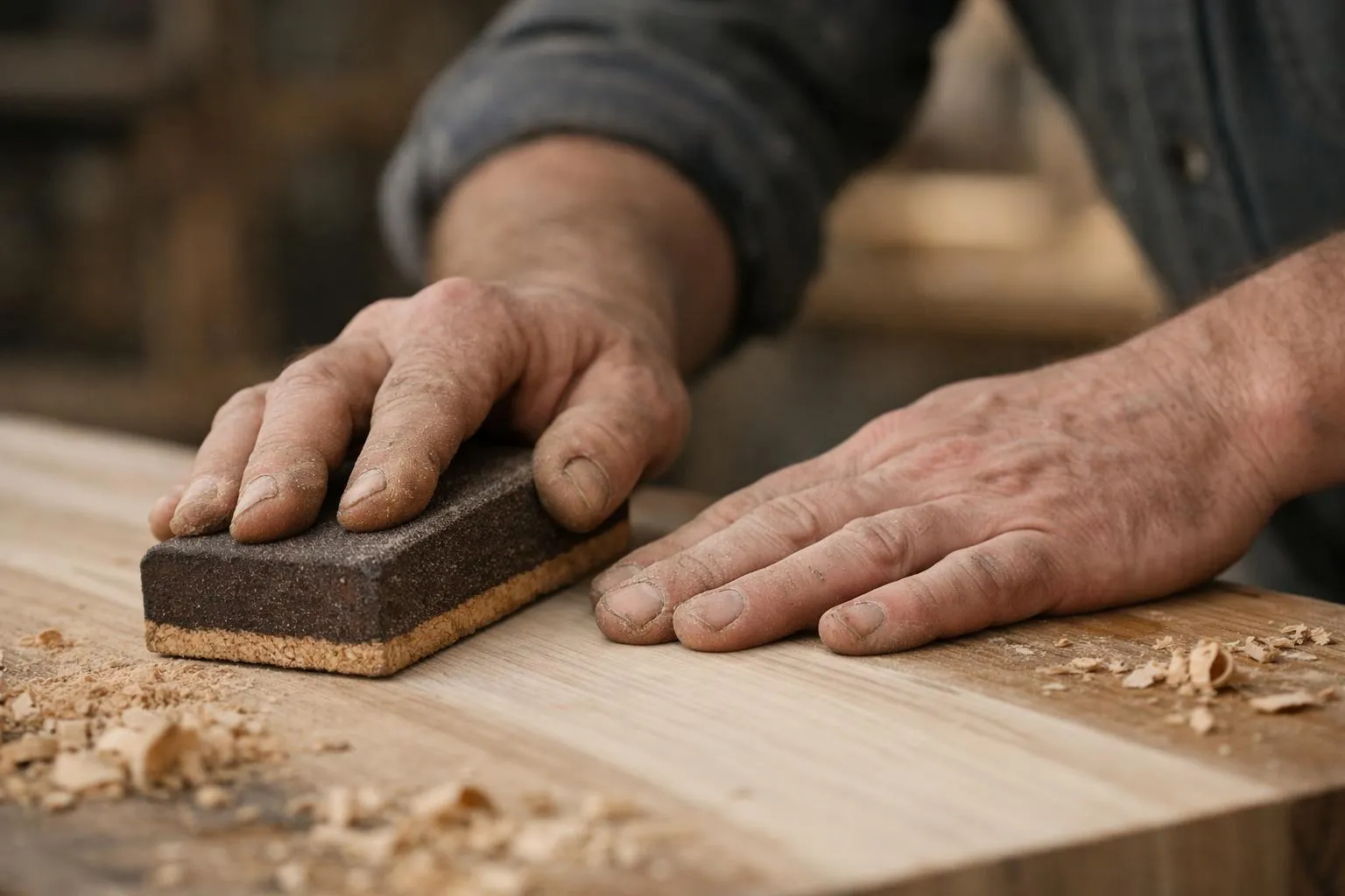 Mains calleuses poncent une surface en bois.