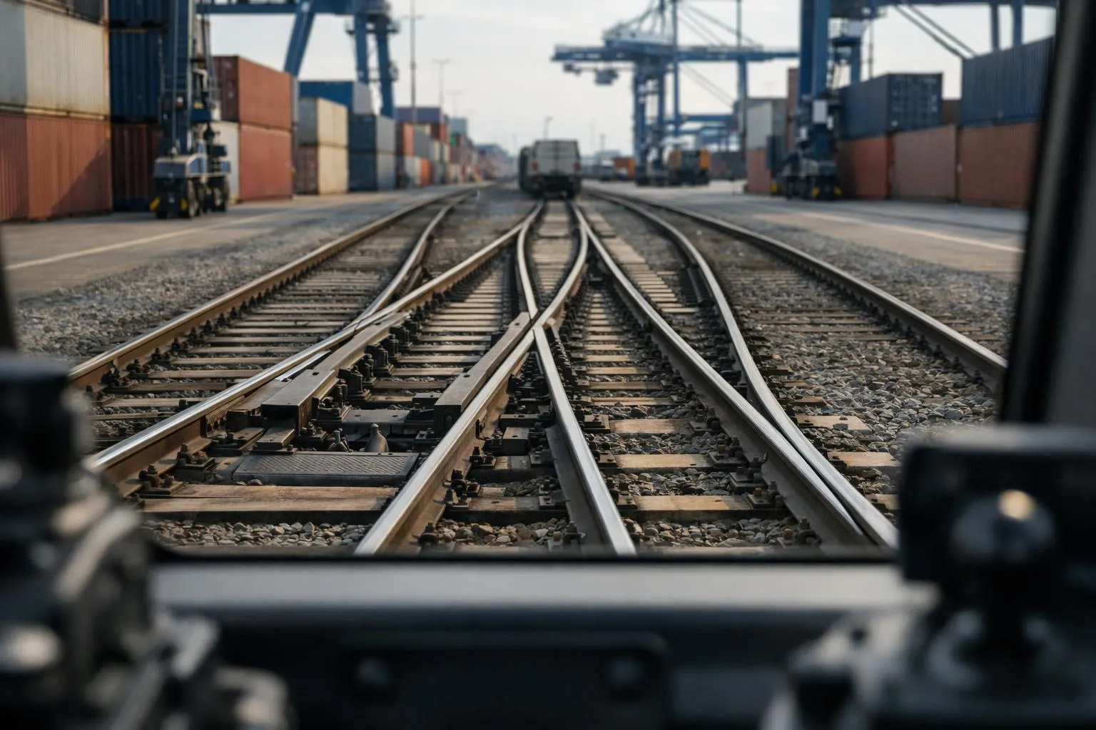 Voies ferrées dans un port avec grues de chargement et conteneurs.