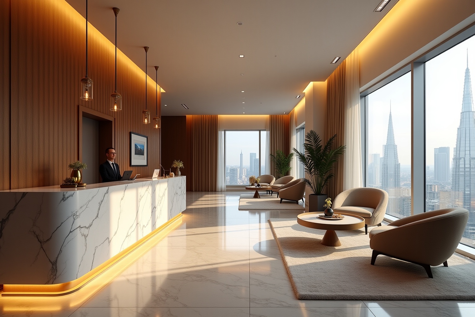 Lobby d'hôtel de luxe avec vue panoramique sur la ville.