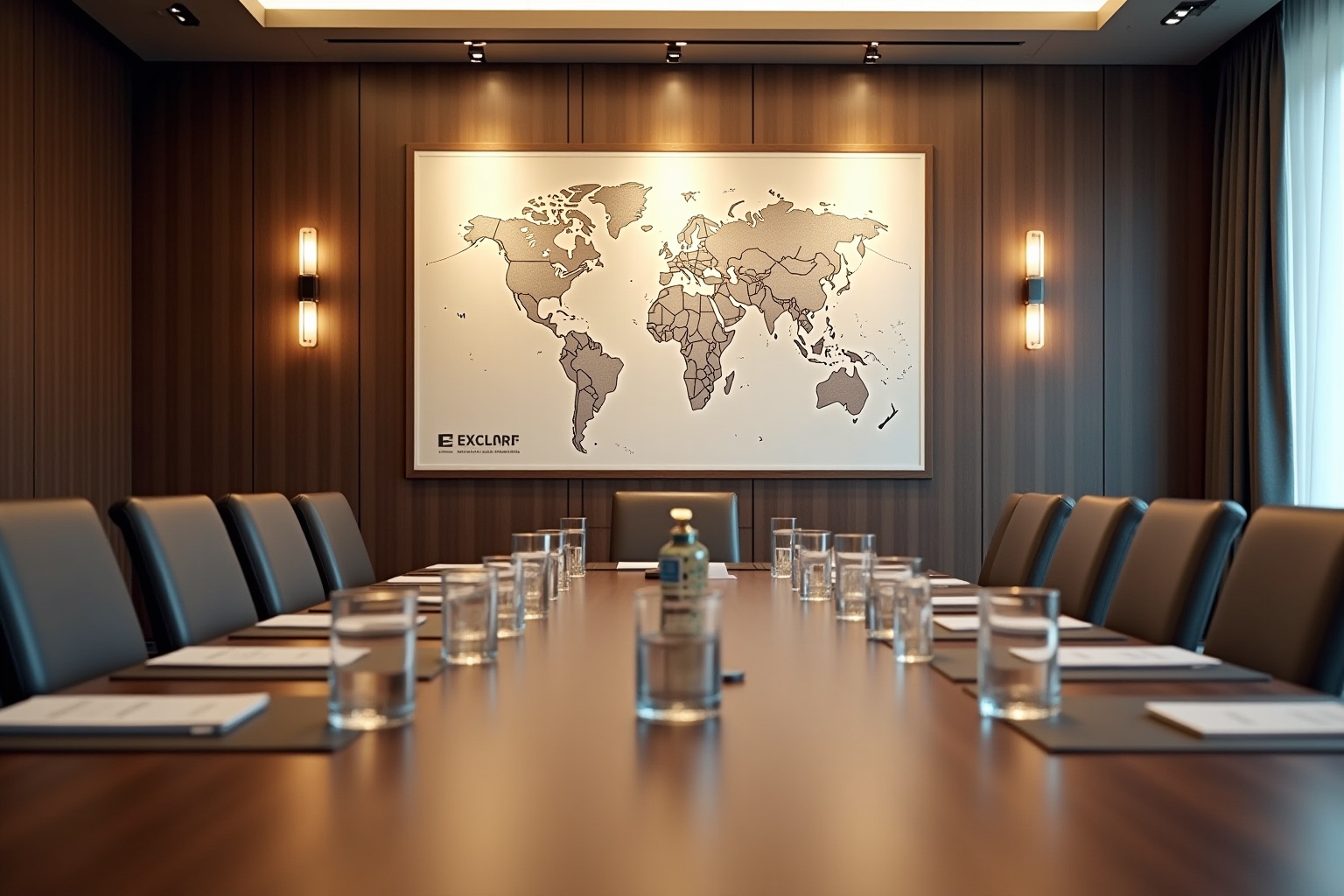 Salle de réunion avec grande carte du monde sur le mur.