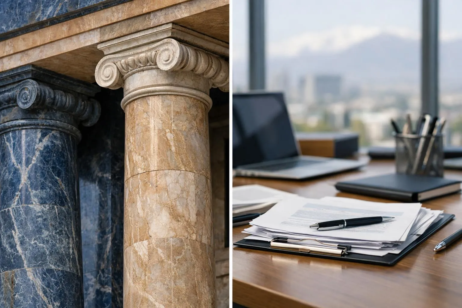 Colonne de pierre ornée, espace de travail de bureau moderne avec ordinateur portable et documents.