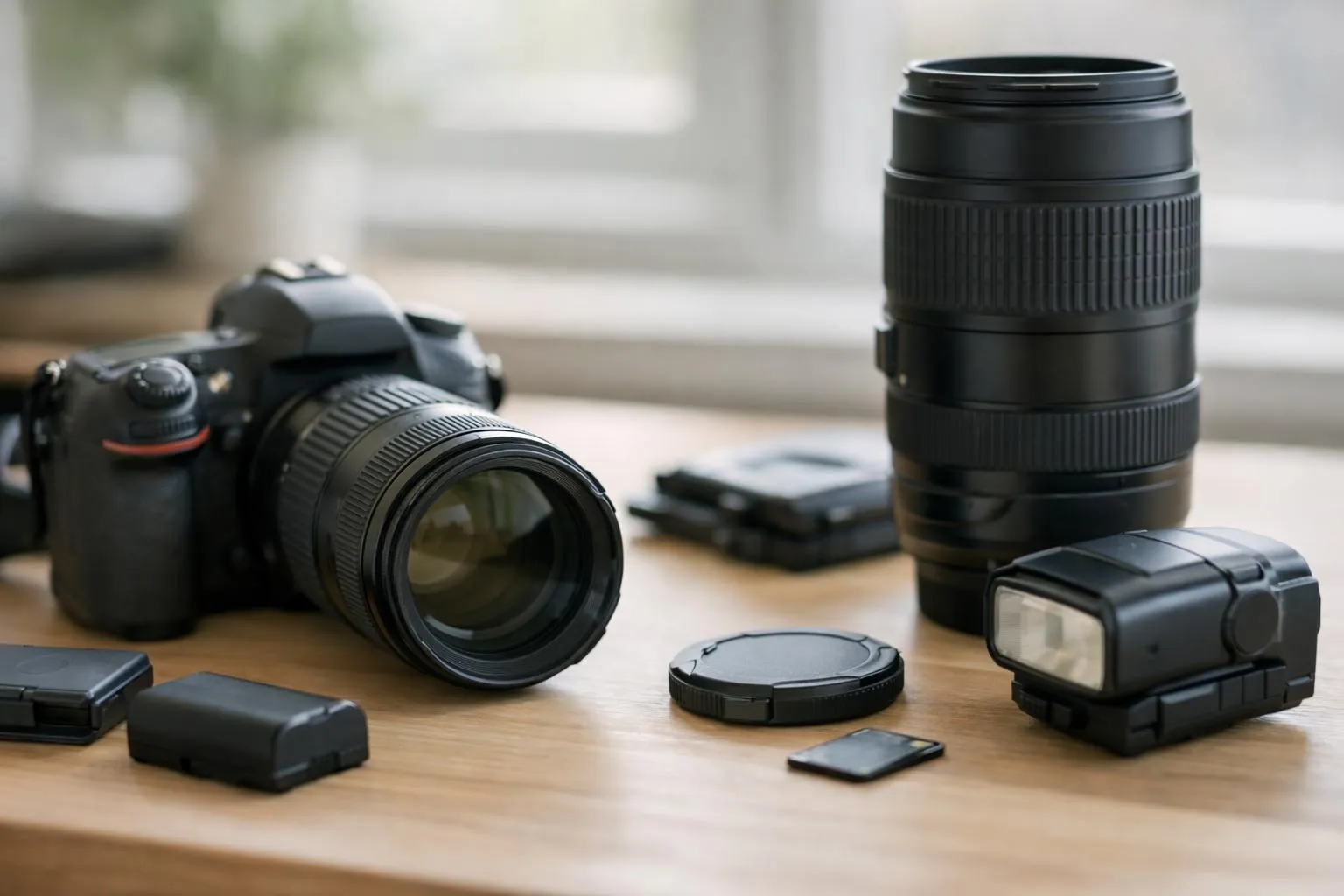 Équipement photographique professionnel sur une table en bois.