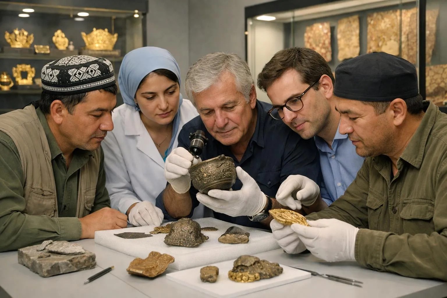 Groupe d'experts examinant des artéfacts archéologiques sur une table.