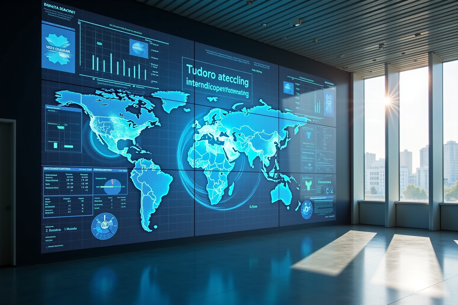 Tableau de bord numérique interactif avec carte mondiale et graphiques statistiques.