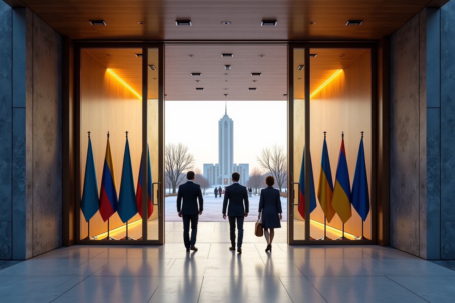 Trois personnes en costume marchant dans un hall avec drapeaux et vue sur un bâtiment.