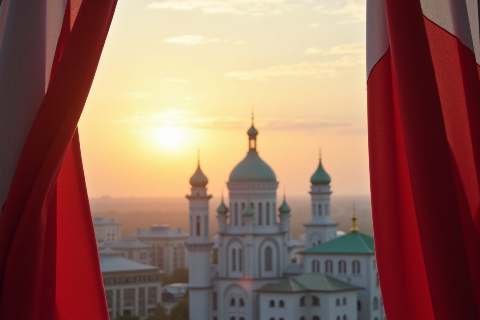 Cathédrale orthodoxe russe au coucher de soleil, rideaux rouges encadrant la scène.