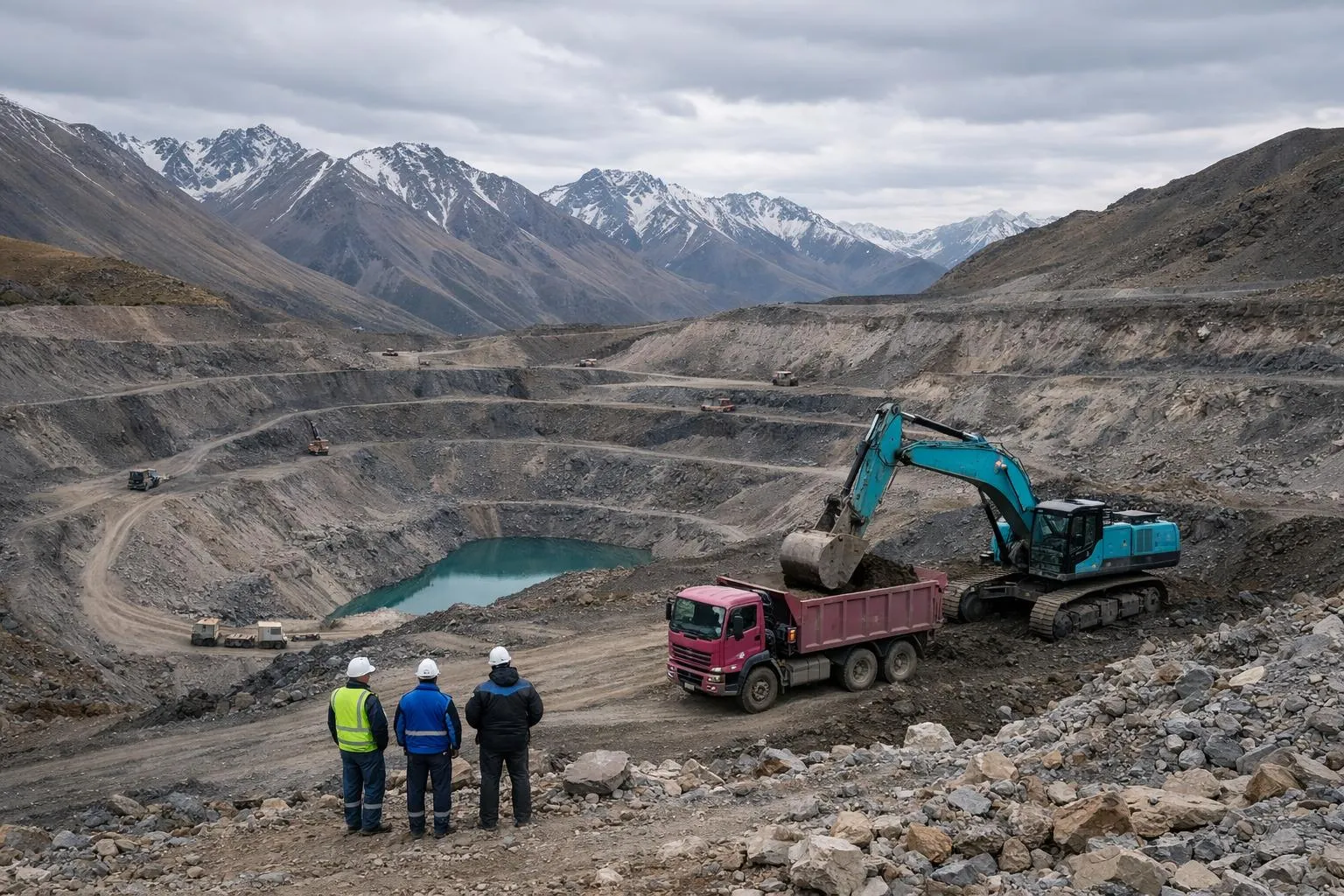 Rugged mountain landscape, mining equipment, workers observing operations.