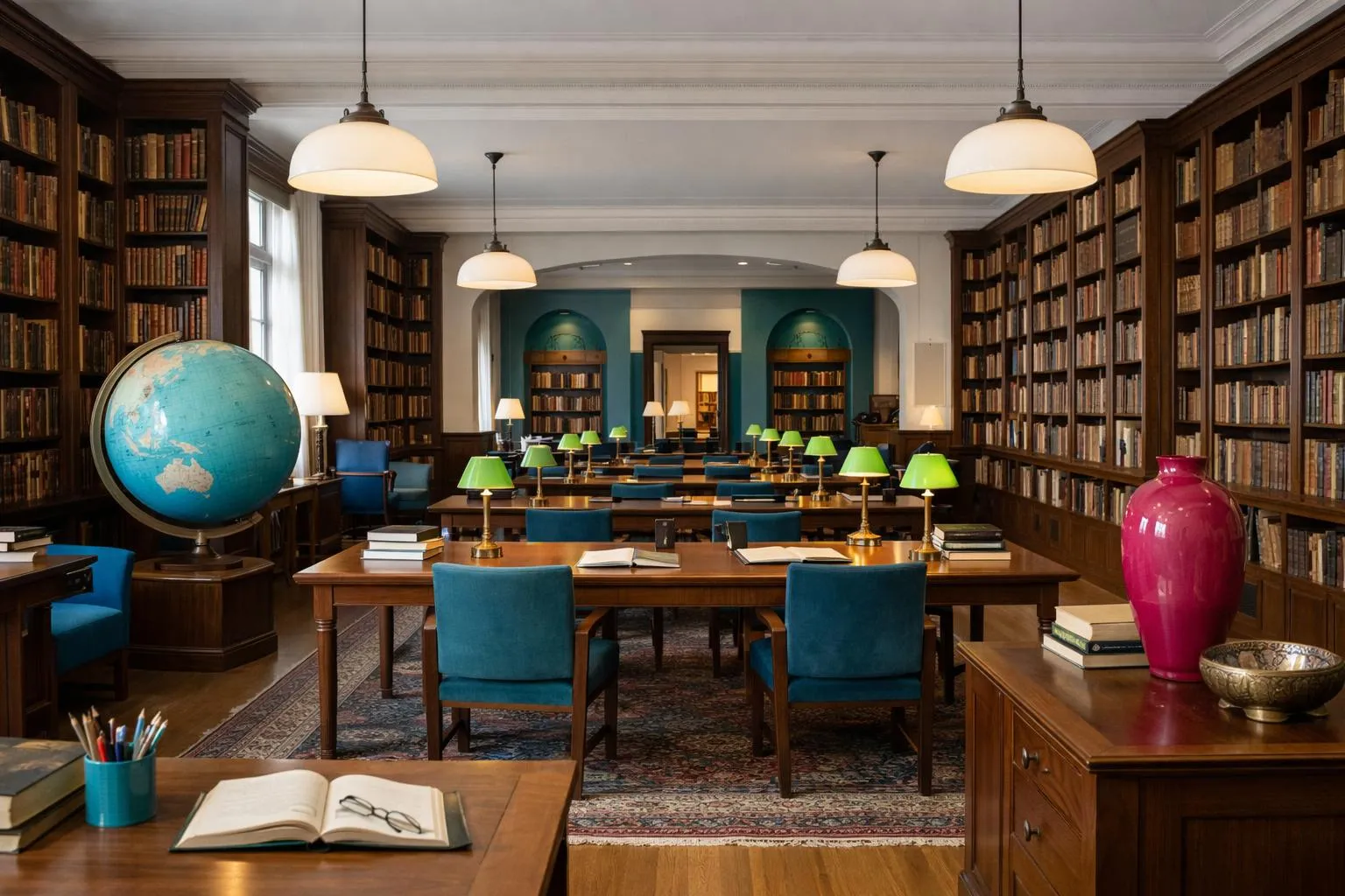 Bibliothèque élégante avec globes terrestres, lampes et meubles vintage.