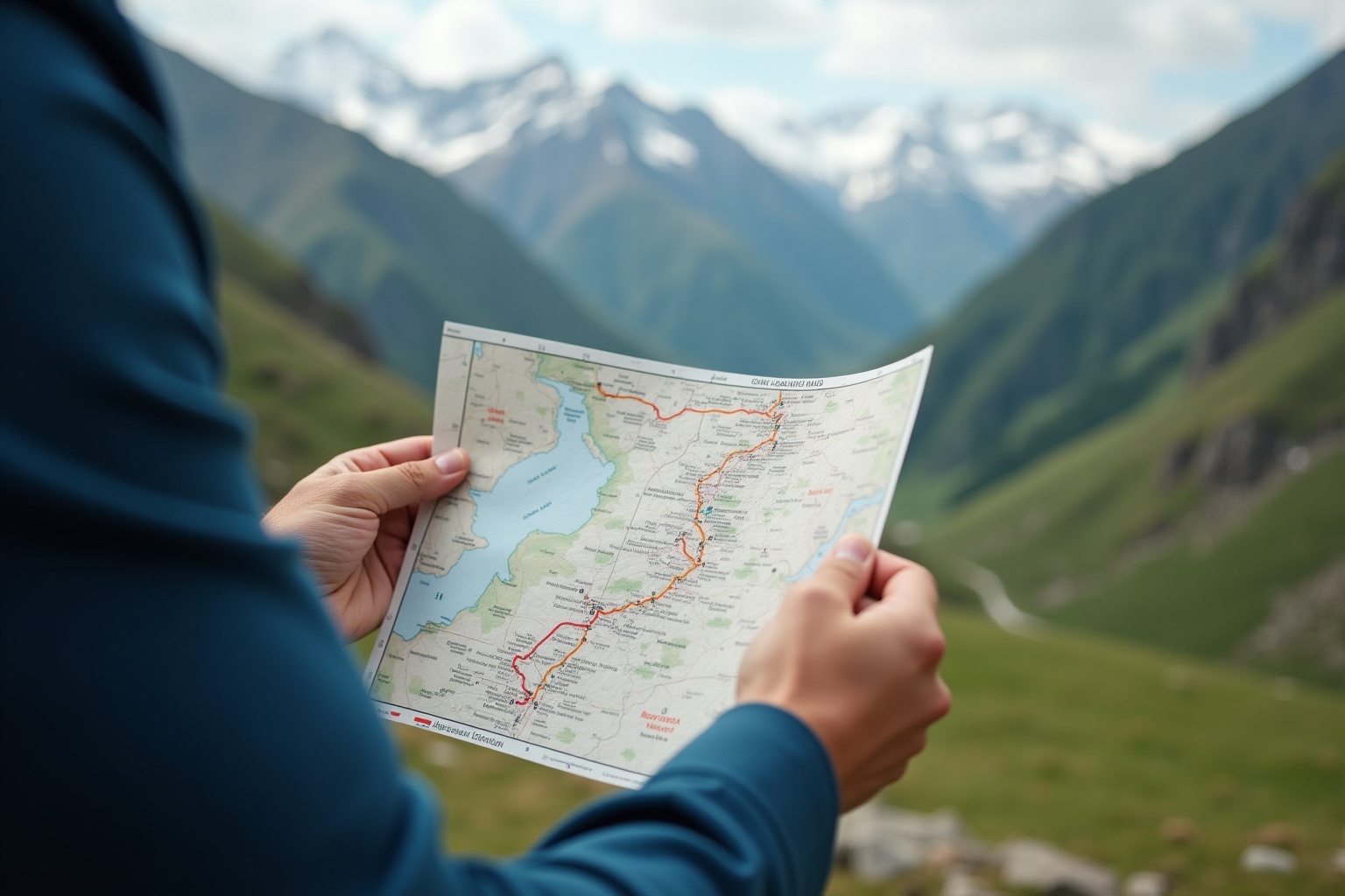 Homme d'affaires étudiant les opportunités d'investissement touristique au Tadjikistan avec une carte de randonnée.