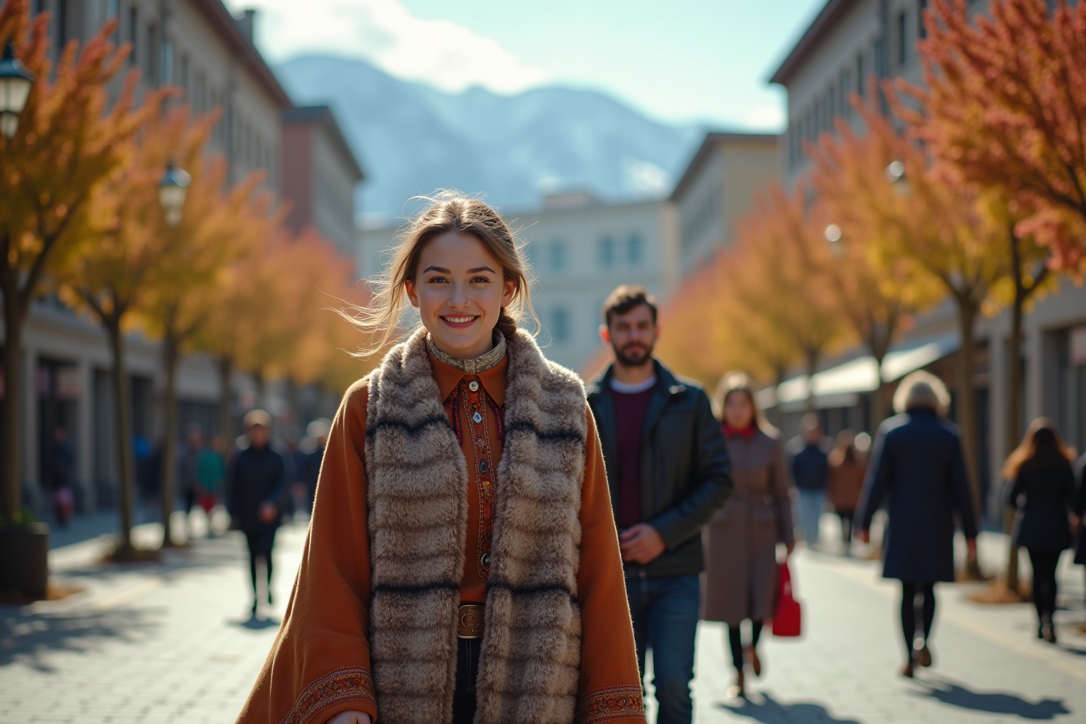 Femme kazakhe à Almaty, ville à visiter, dans une rue pavée historique