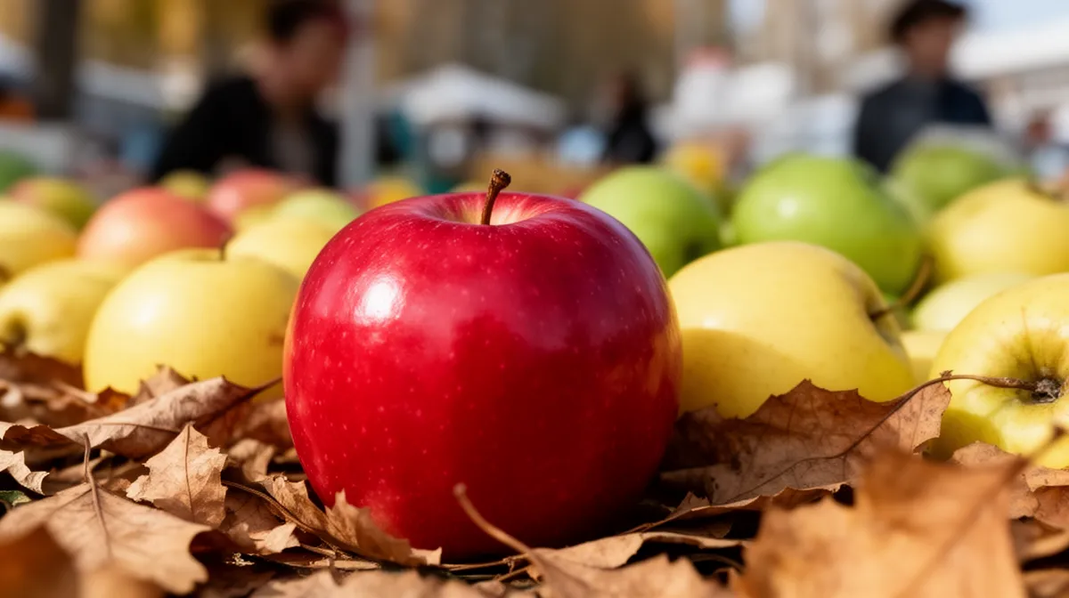 "Pomme rouge dans un marché d'Almaty en automne"