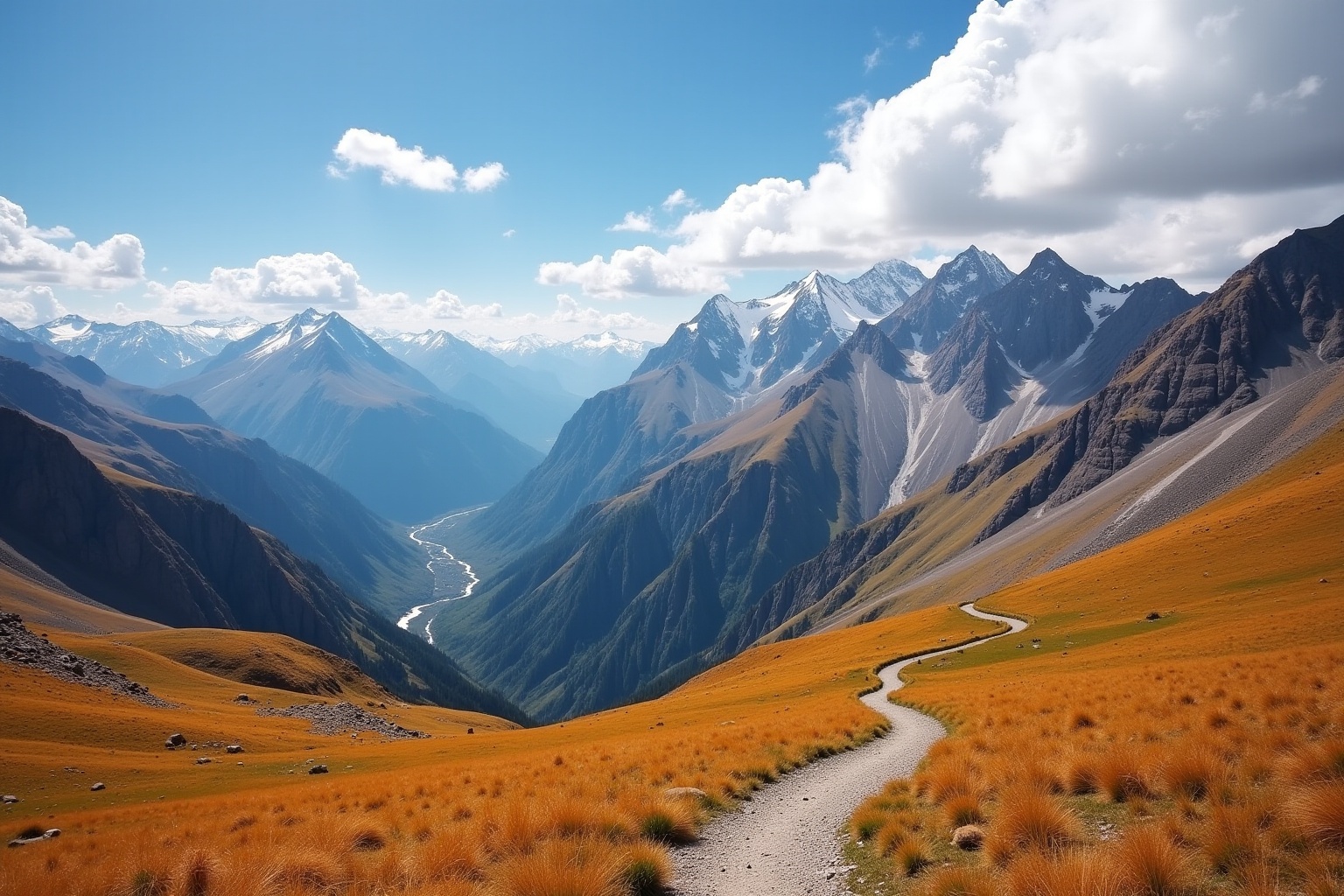 Paysage montagneux enneigé avec vallée verdoyante et sentier sinueux.