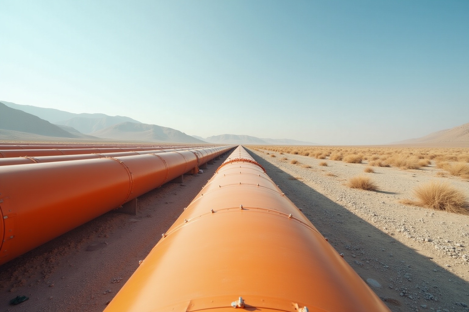 Pipelines orange traversant un désert aride et montagneux.