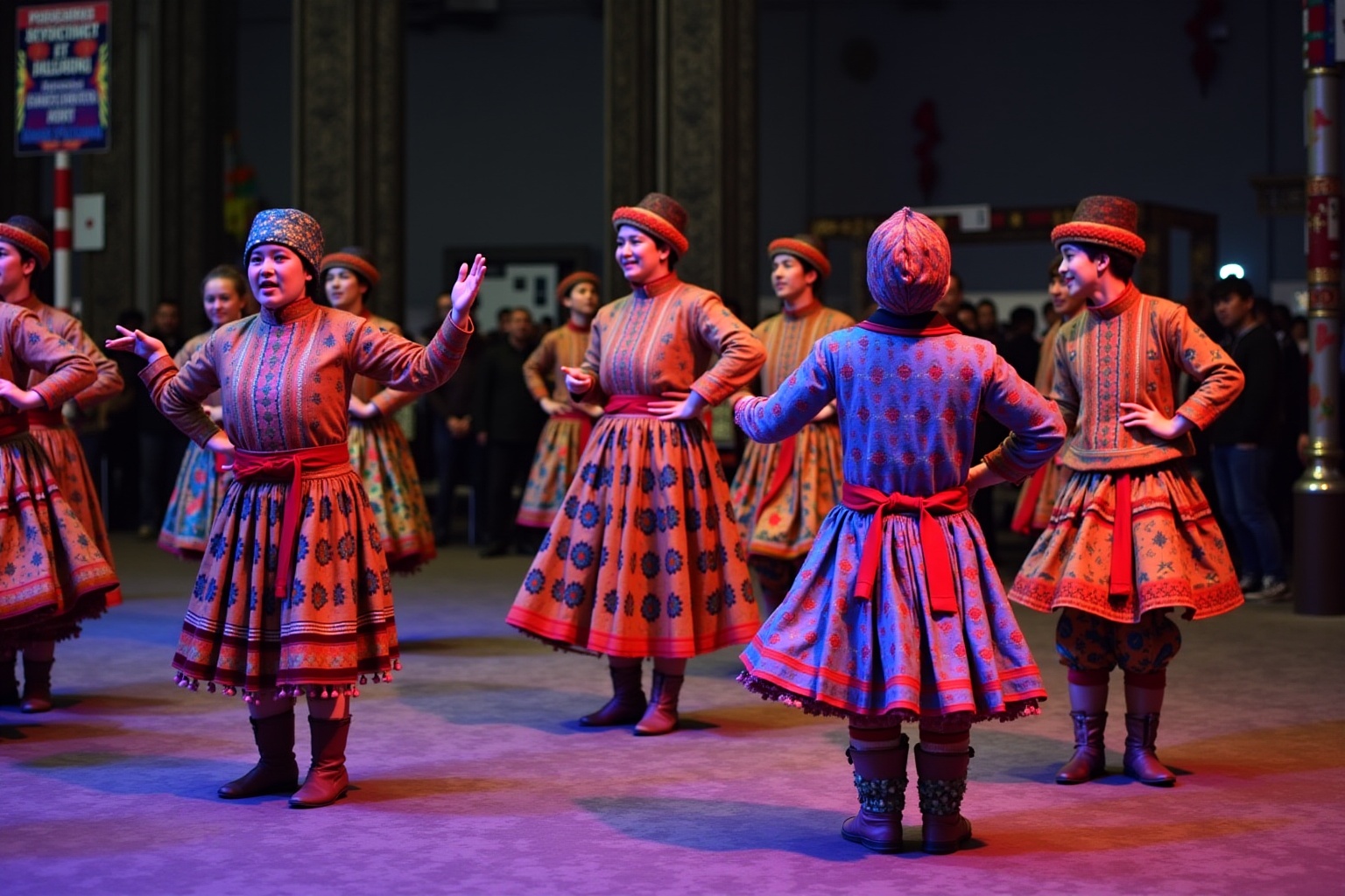 Danseurs folkloriques en costumes colorés sur scène.