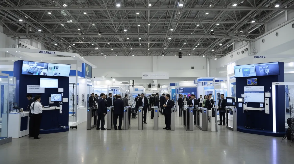 Exposition technologique avec stands et visiteurs en costume.