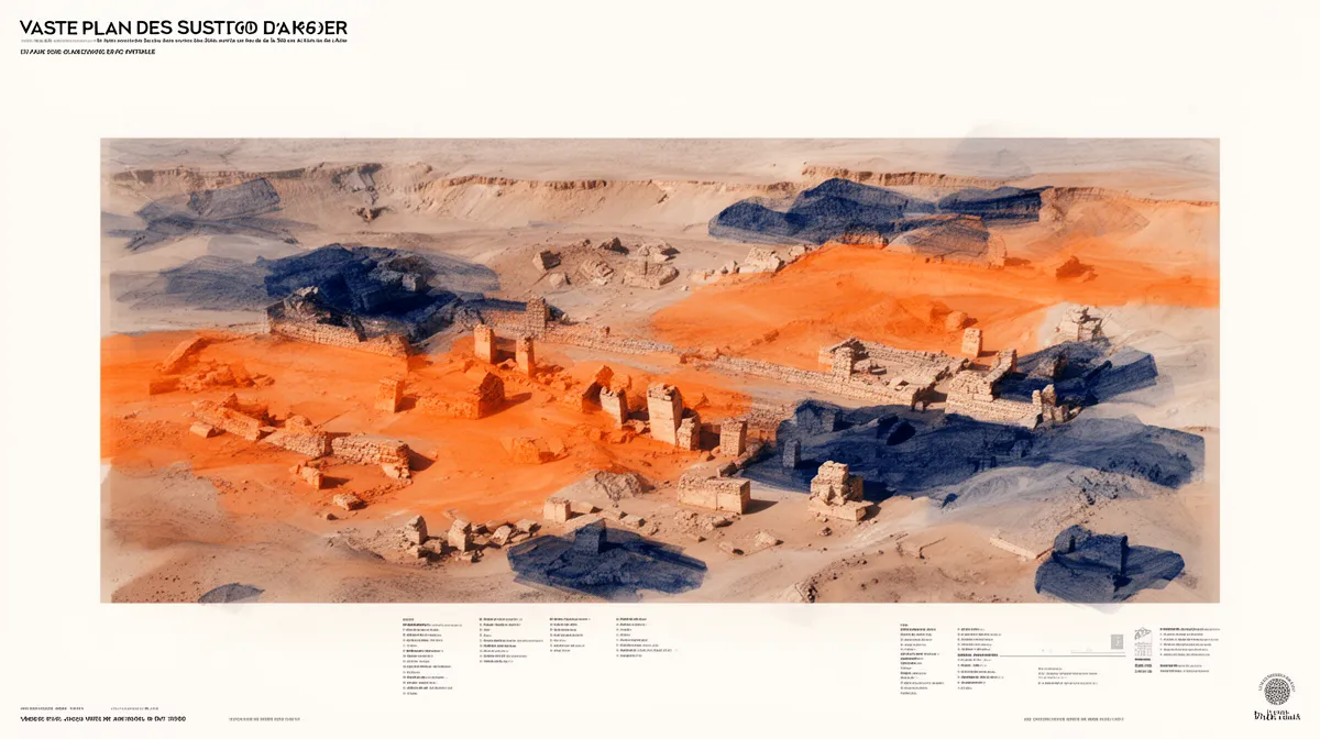 Paysage désertique avec ruines et formations rocheuses colorées.