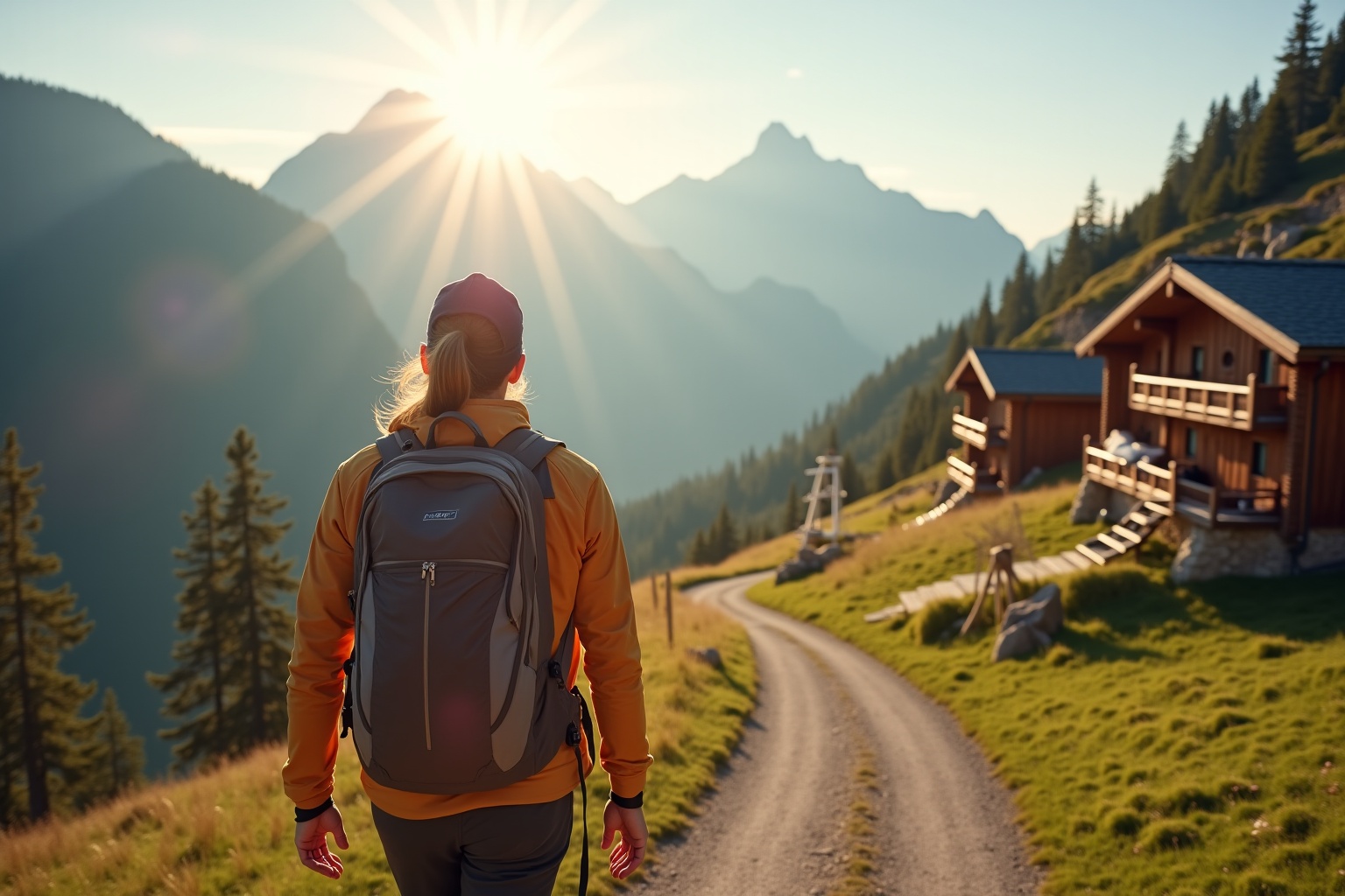 Randonnée dans les montagnes avec cabane en bois à l'horizon.