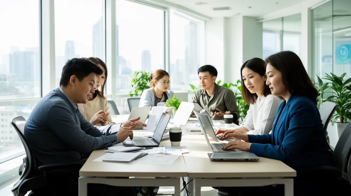Groupe de professionnels travaillant ensemble dans un bureau moderne.