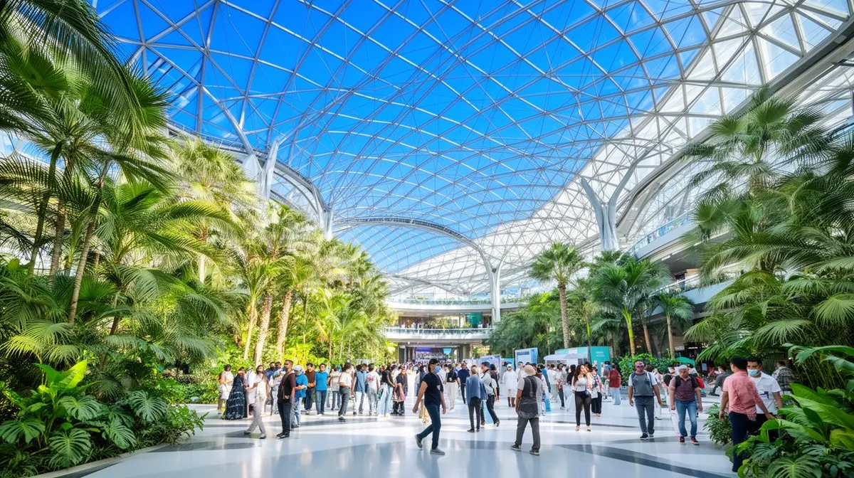 Atrium vitré avec palmiers et foule de visiteurs.