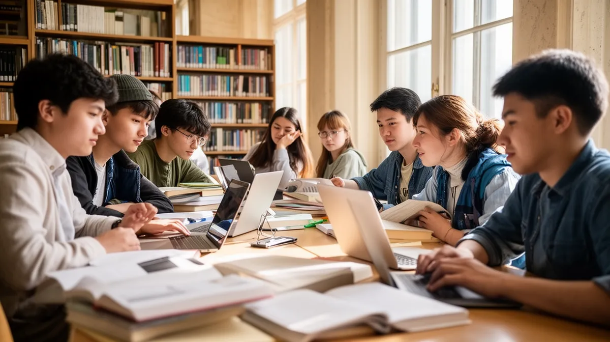 Groupe d'étudiants studieux travaillant ensemble dans une bibliothèque.