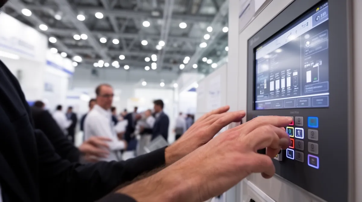 Personnes interagissant avec un écran tactile dans un salon d'exposition.