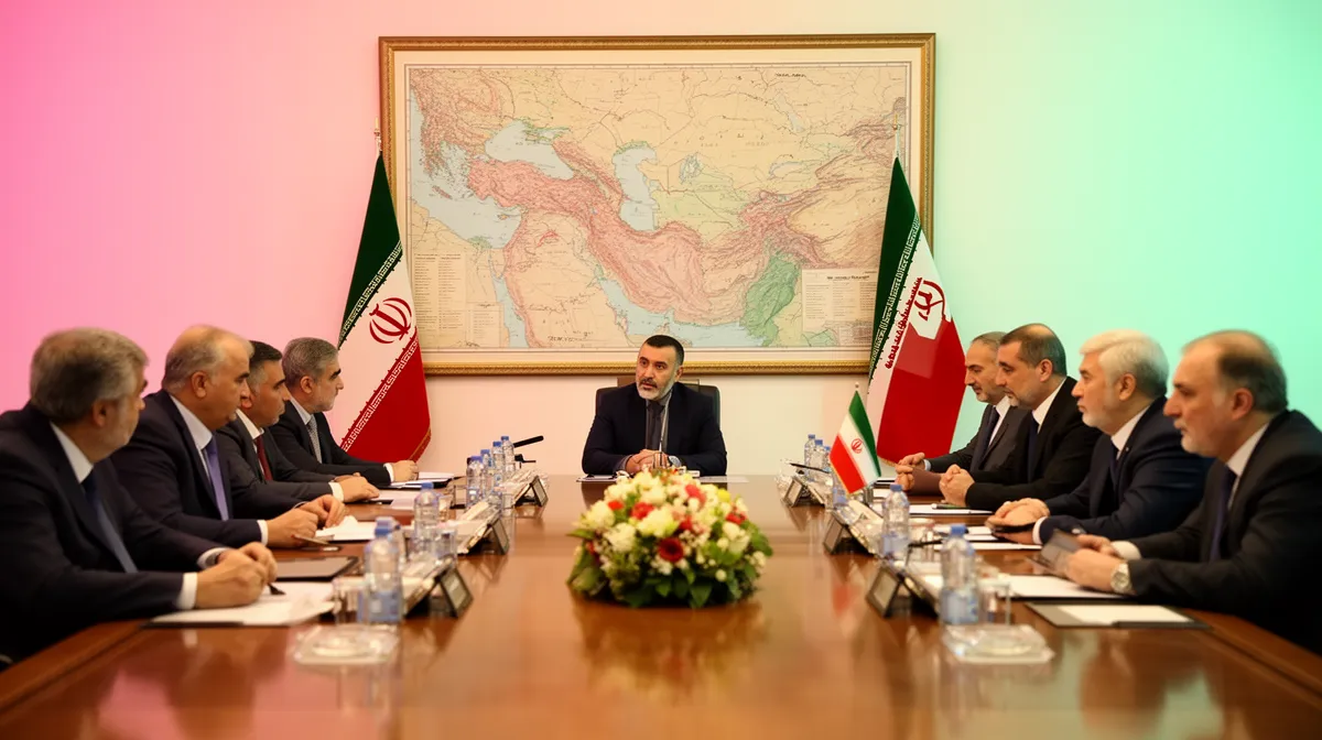 Réunion de hauts responsables iraniens autour d'une table, avec un grand plan de l'Asie en arrière-plan.