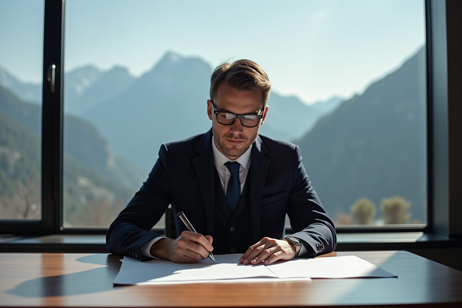 Homme d'affaires concentré rédigeant des documents dans un bureau avec vue sur les montagnes.