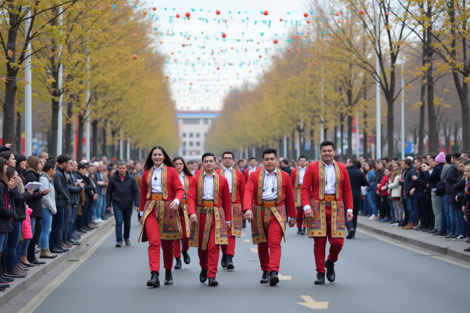 Défilé coloré de personnes en costumes traditionnels dans une rue bordée d'arbres.