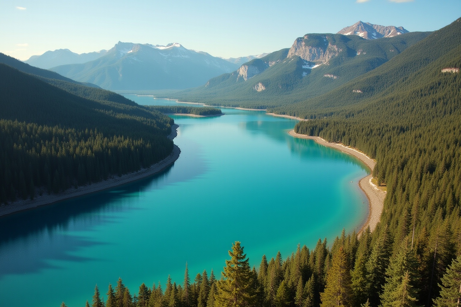 Paysage montagneux avec un lac turquoise entouré de forêts verdoyantes.