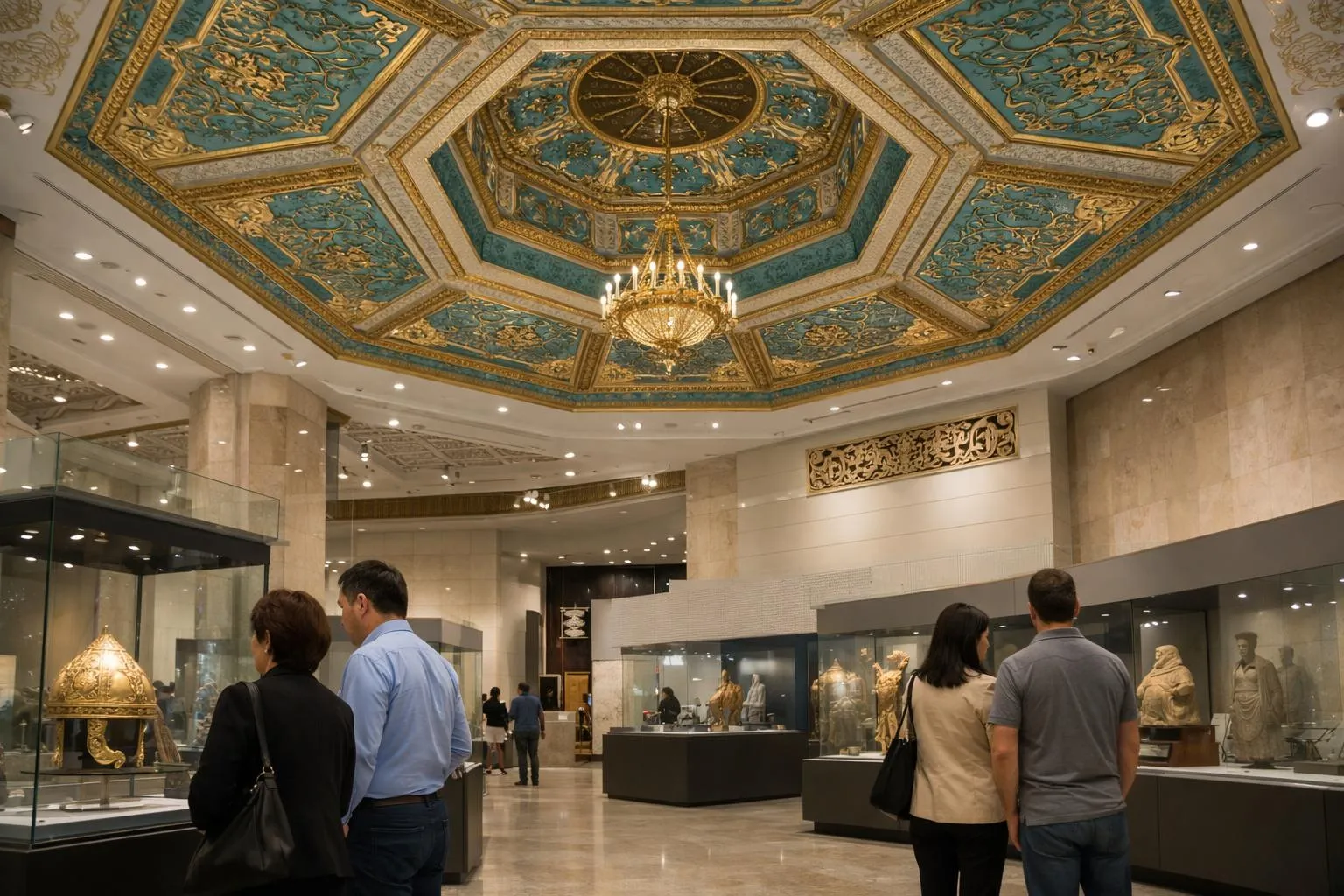 Salle d'exposition ornée de motifs dorés et turquoise, avec des visiteurs observant les œuvres.