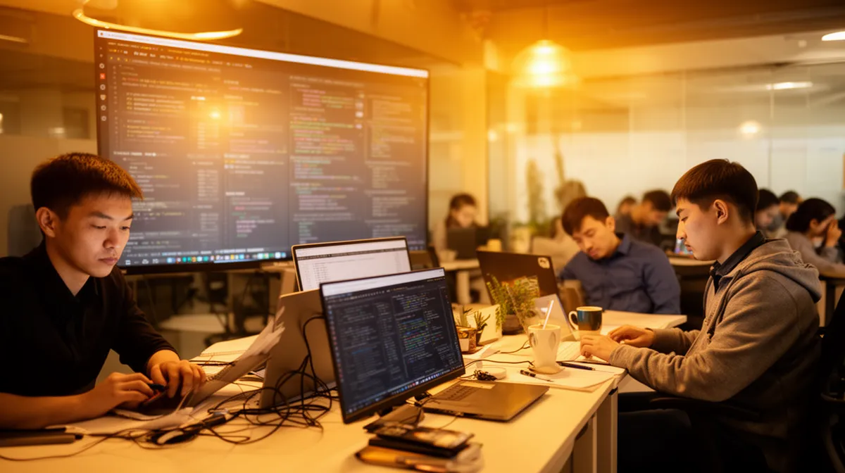 Groupe de développeurs informatiques travaillant dans un bureau éclairé.