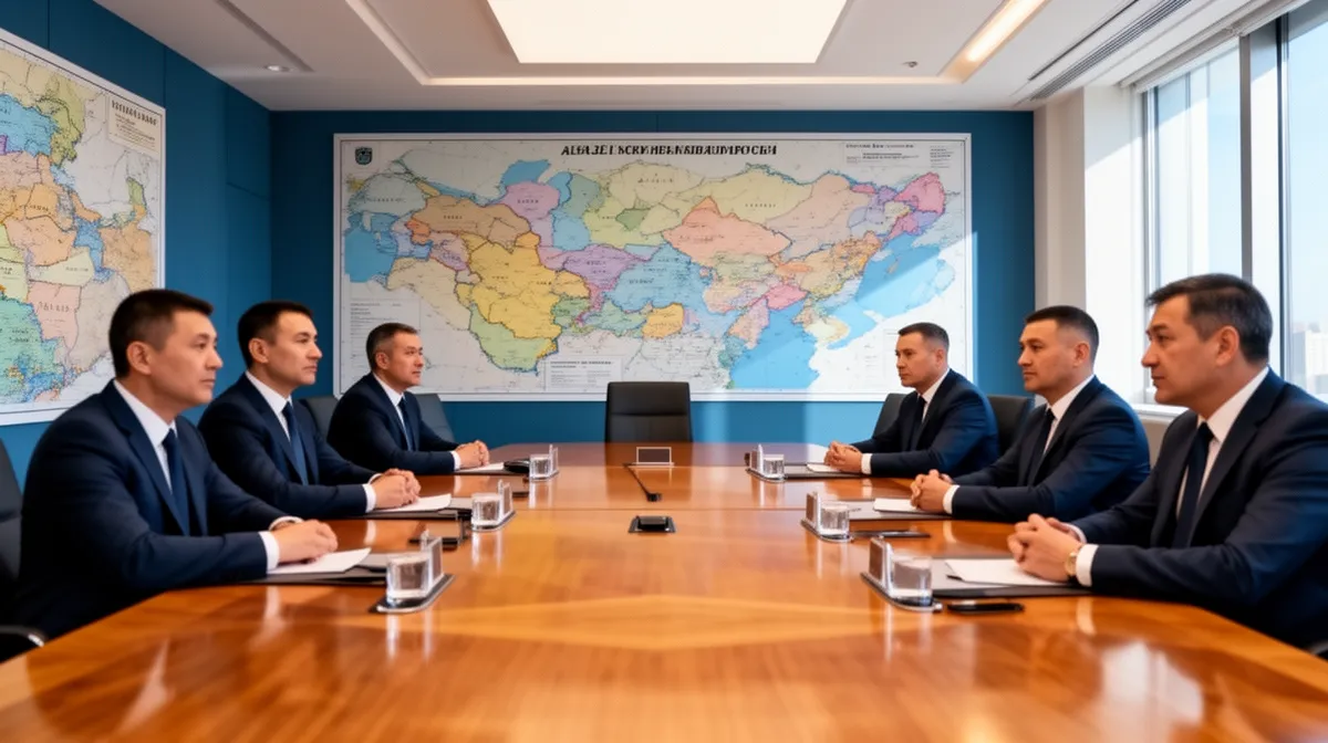 Réunion de cadres dirigeants dans une salle de conférence avec une grande carte murale.