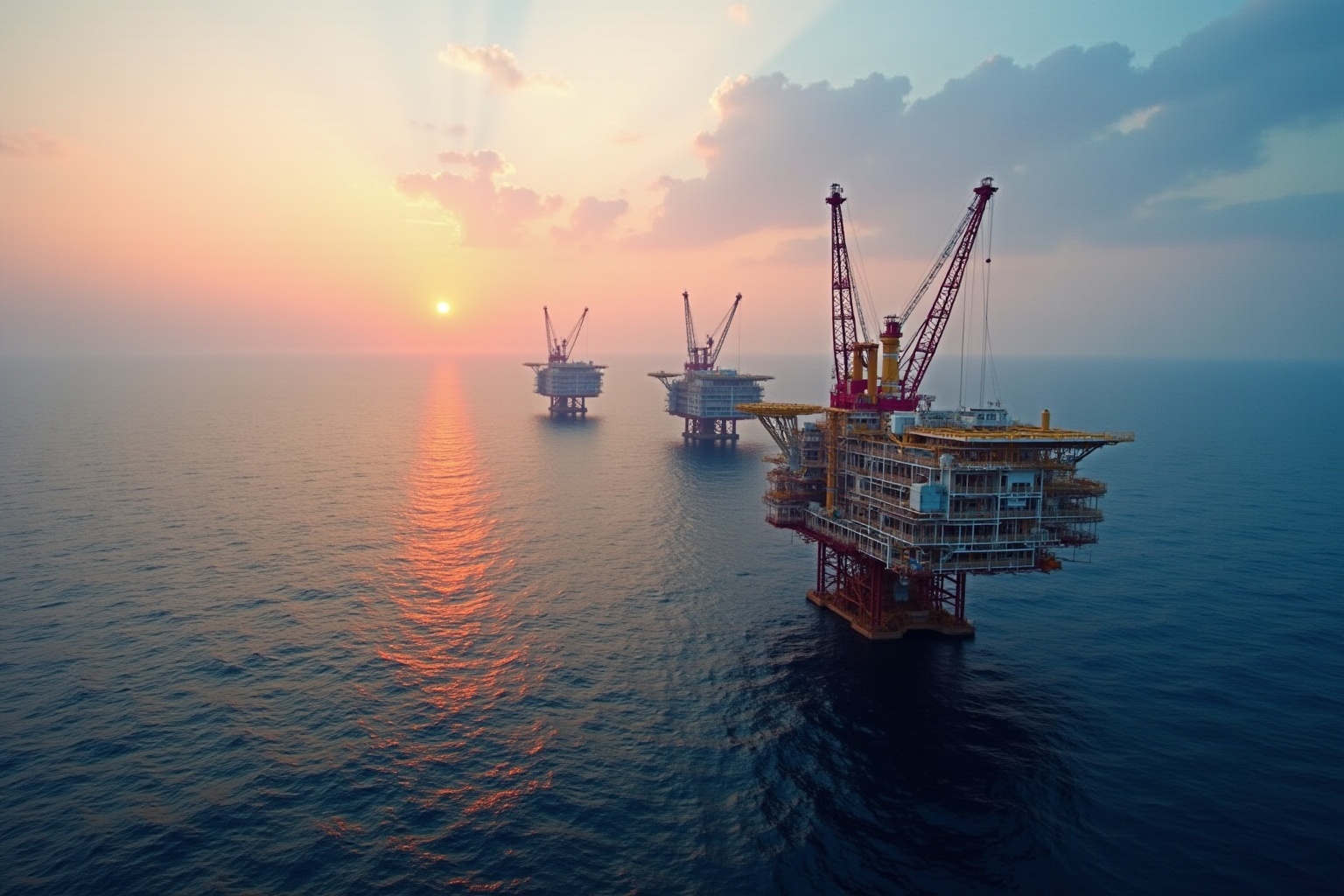 Plateformes pétrolières au coucher de soleil sur l'océan.