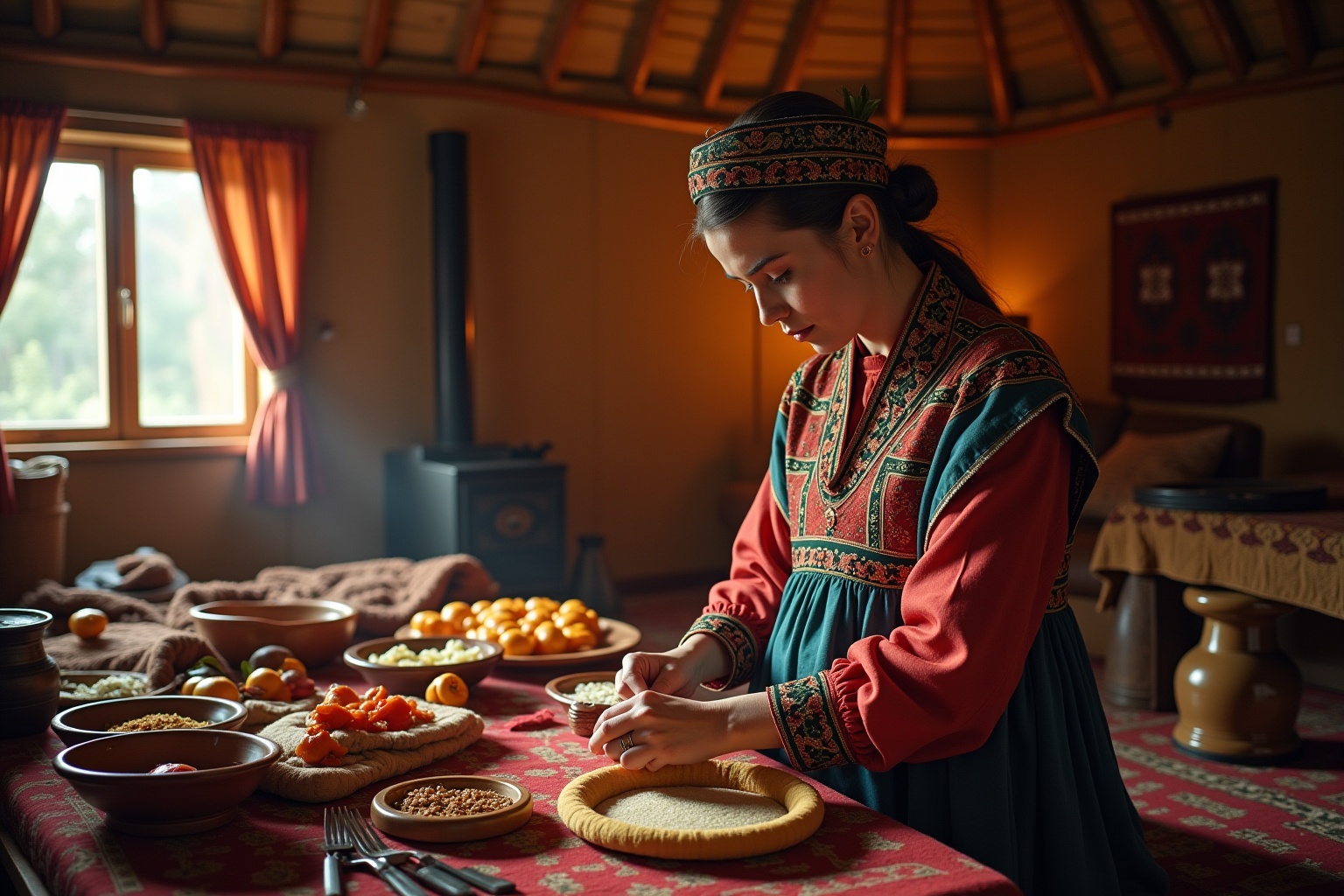 Femme en costume traditionnel préparant des plats sur une table.