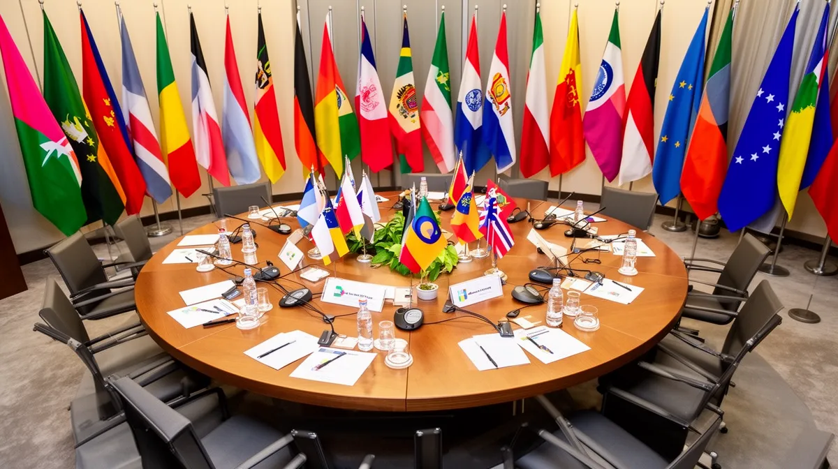 Salle de conférence avec drapeaux internationaux et table ronde pour réunion.