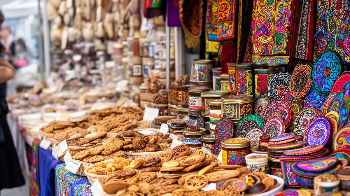 Étalage coloré de produits artisanaux et de nourriture traditionnelle.