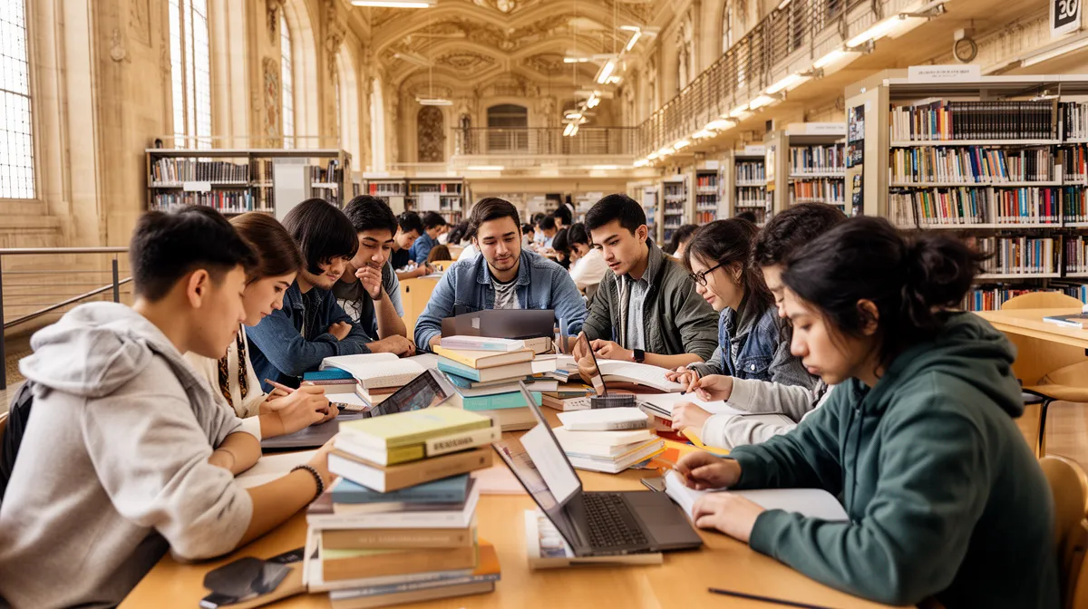 Étudiants studieux dans une bibliothèque universitaire ornée.