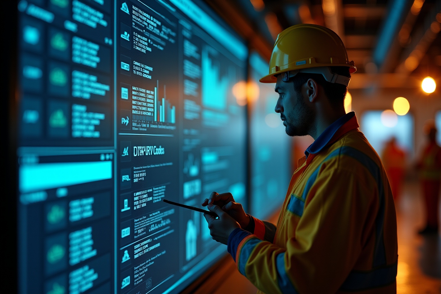 Ouvrier en casque de sécurité examinant un écran numérique dans un environnement industriel.