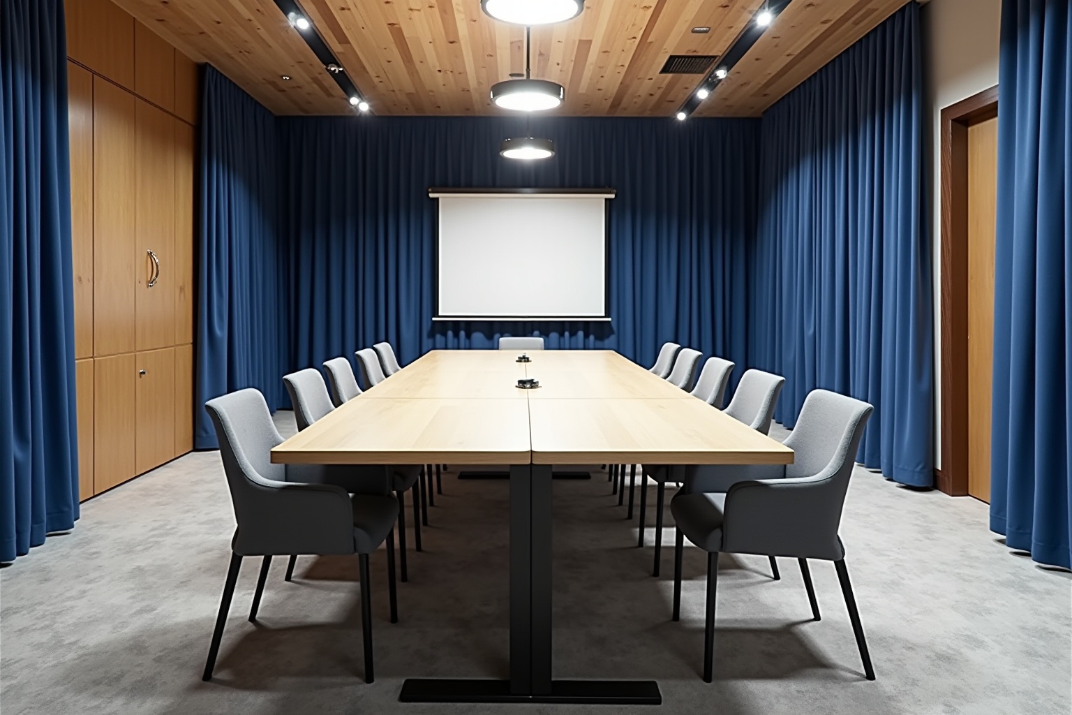 Salle de réunion moderne avec table de conférence et rideaux bleus.