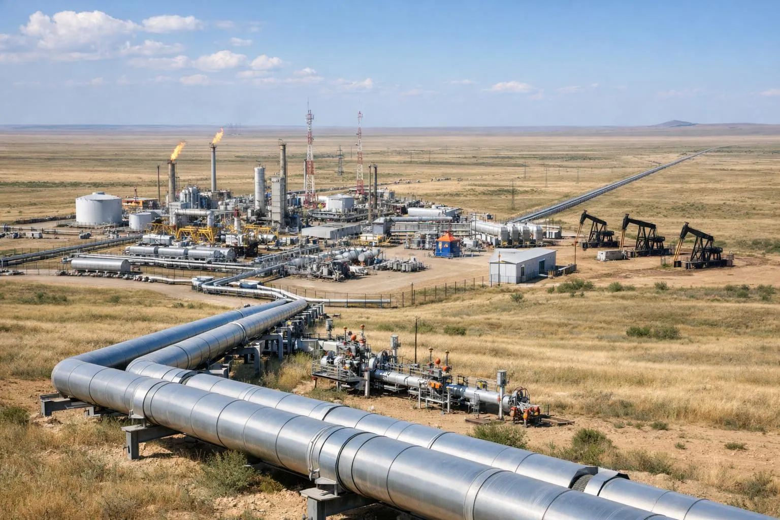 Vaste installation pétrolière avec pipelines, tours de raffinerie et équipements de forage.