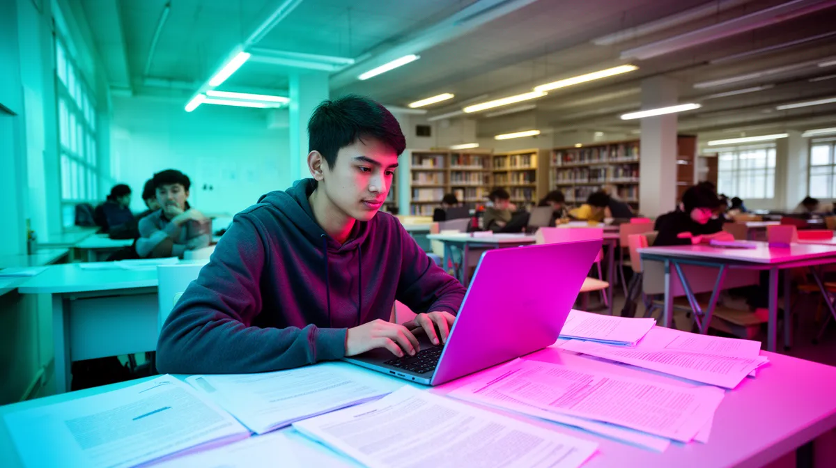 Étudiant concentré travaillant sur un ordinateur portable dans une bibliothèque.